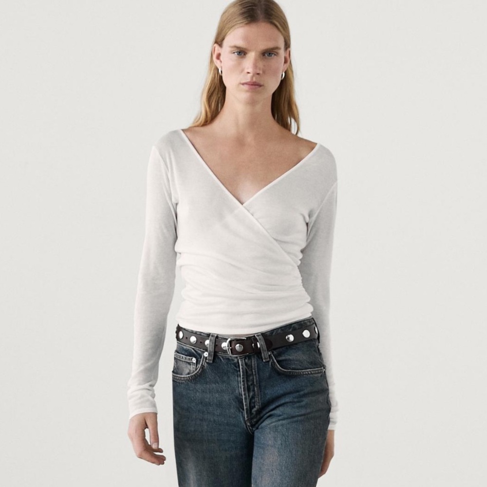 Massimo Dutti Lyocell & Wool Wrap Top - Cream/Off-White - Size L